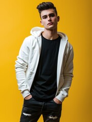 Fototapeta premium Man wearing white zipper hoodie black t-shirt and black jeans isolated on yellow background