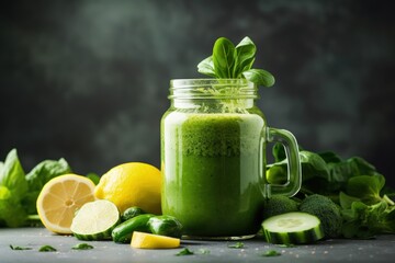 Fresh organic green smoothie in glass jar with vegetables and fruits on grey background Healthy vegan detox breakfast