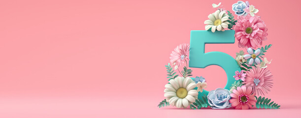 3D render number five with flowers. 5 years anniversary, Happy birthday 5 years old celebration