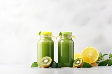 Front view of two bottles of green detox smoothies on a white table representing a healthy lifestyle