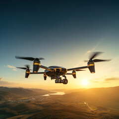 Industrial drone flies over an agrarian field at sunset. Concept of smart farm, technology and future.