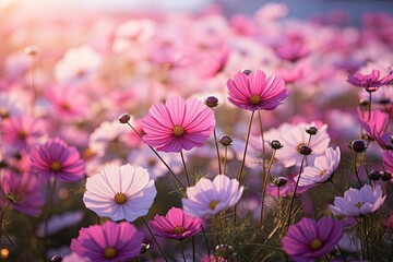 Garden filled with blooming cosmos flowers