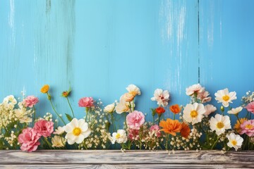 Garden flowers on blue wooden table with space for text