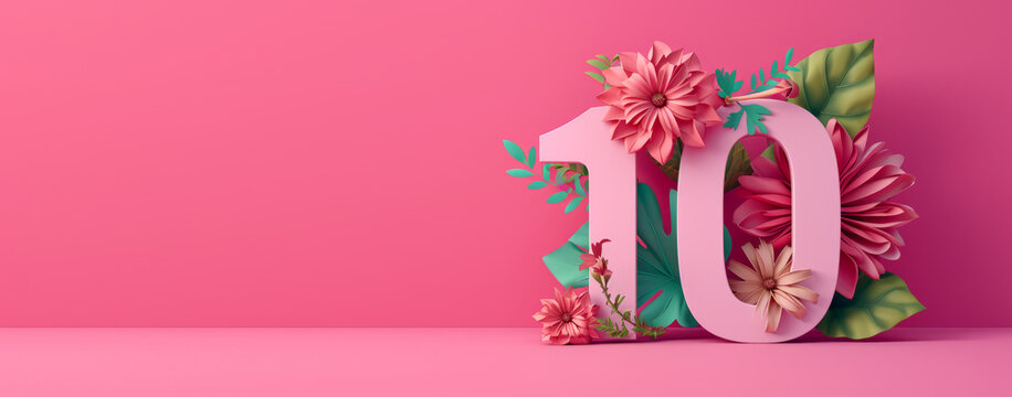 3D render number ten with flowers. 10 years anniversary, Happy birthday 10 years old celebration
