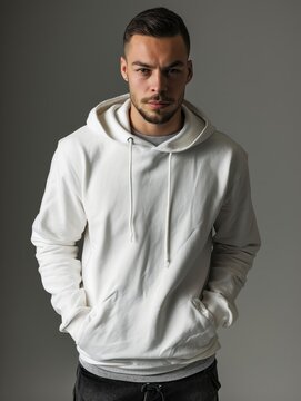 Man wearing white pullover hoodie with black jeans isolated on plain background