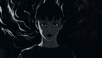 a girl in long black hair looking out across the dark, in the style of manga style, conceptual minimalism
