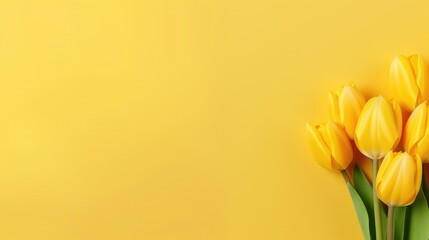 Yellow tulip flowers on yellow solid background. Fresh natural flower concept background.