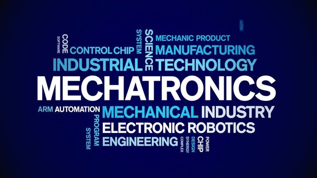 Mechatronics animated tag word cloud;text design animation kinetic typography seamless loop.