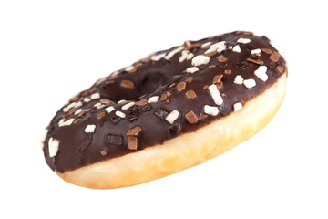 Levitation of chocolate donut with cookie crumbs isolated on transparent background.