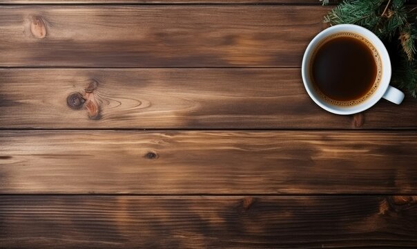 A cup of coffee, top view, isolated on the brown wooden table background. Copy space background concept for product promotion