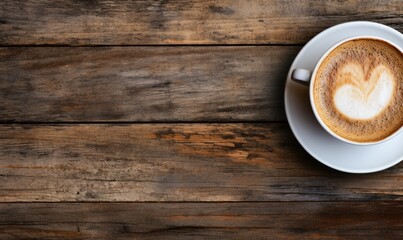A cup of coffee, top view, isolated on the brown wooden table background. Copy space background concept for product promotion