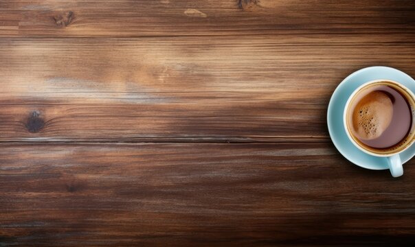 A cup of coffee, top view, isolated on the brown wooden table background. Copy space background concept for product promotion