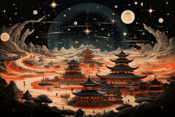Fototapeta premium Whimsical starlight carousels, spinning through the cosmos and granting celestial rides - Generative AI