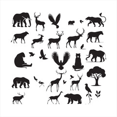 Nature's Symphony: Captivating Set of Wild Animals Silhouette Celebrating the Harmony of the Wild - Wildlife Silhouette - Animals Vector
