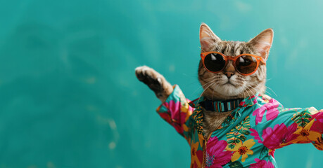 Cool Cat in Shades Giving a High Five. Dressed in a vibrant Hawaiian shirt, this stylish cat with sunglasses offers a paw up against a turquoise backdrop - obrazy, fototapety, plakaty