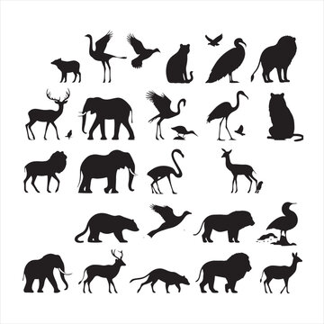 Symphony of the Savanna: A Breathtaking Ensemble of Wild Animals Silhouette - Wildlife Silhouette - Animals Vector
