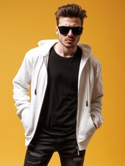 Man with sunglasses wearing white zipper hoodie, black T-shirt and black jeans isolated on plain background