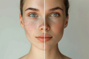 Before and After Beauty. A compelling split-face portrait of a woman, one side with natural skin including freckles and the other side showcasing a flawless makeup look. - obrazy, fototapety, plakaty