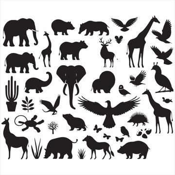 Symphony of the Serengeti: Striking Silhouettes Showcasing a Varied Wild Animal Collection - Wildlife Silhouette - Animals Vector
