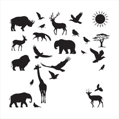 Enigmatic Wildlife: Silhouette Set Featuring Various Wild Animals - Wildlife Silhouette - Animals Vector
