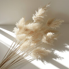 White pampas grass on a white table with sunlight coming from the side