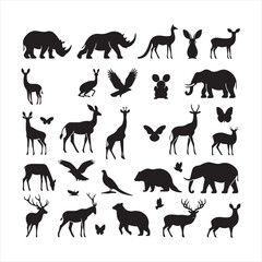 Majestic Wilderness: A Comprehensive Set of Wild Animals in Striking Silhouette - Wildlife Silhouette - Animals Vector
