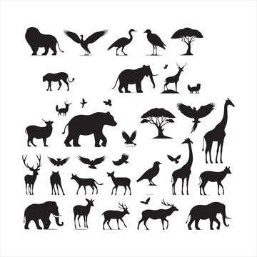 Diverse Collection: Wild Animals Silhouette Set Showcasing Nature's Majesty - Wildlife Silhouette - Animals Vector
