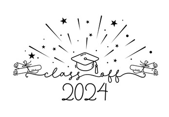 Class of 2024. Graduation logo with cap and diploma for high school, college graduate. Template for graduation design, party. Hand drawn logo for yearbook class of 2024. Vector grad illustration.