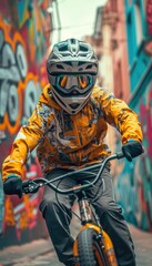 Wide-Angle Shot of a Young Cyclist, Clad in Stylish Graffiti Patterns, Riding Along a Colorful Street. Capturing the Spirit of Adventure and Urban Sports Culture Amidst Vibrant Cityscape.