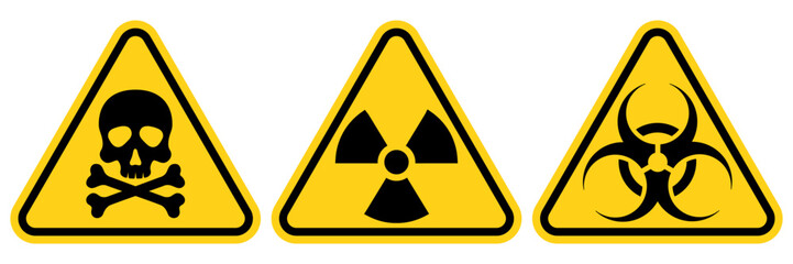 Set hazard danger yellow vector signs. Radiation sign, Biohazard sign, Toxic sign, Gas mask.