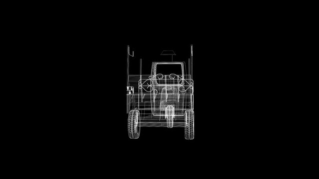 Holographic animation of 3D wireframe car model rotating in black virtual space, hud style,4k

