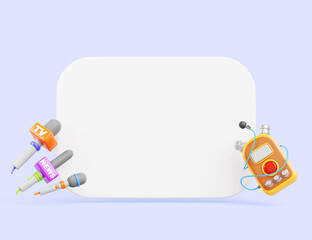 3d render blank white board with tv news microphones and voice recorder icon on blue background. Announcement of press conference, media briefing, journalist interview, Cartoon banner. 3D illustration