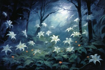 Ethereal moonflower blooms, releasing fragrant scents and glowing softly in the darkness - Generative AI - obrazy, fototapety, plakaty