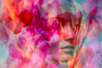 An abstract art of ethereal double exposure portrait symbolizing the flourishing of femininity