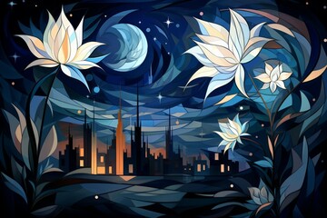 Ethereal moonflower blooms, releasing fragrant scents and glowing softly in the darkness - Generative AI