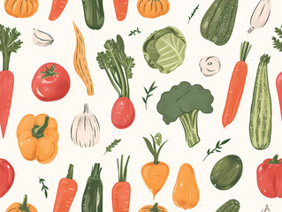 ヘルシーライフを彩るカラフル野菜のイラストパターン