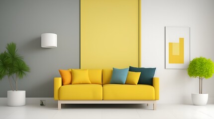 Stylish scandinavian living room with design furniture, plants, bamboo bookstand and wooden desk. Brown wooden parquet. Abstract painting on the white wall. Nice apartment. Modern decor of bright room