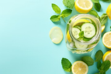 Top view background of a glass jar filled with fresh lemon cucumber mint infused water a healthy and refreshing drink for spring and summer