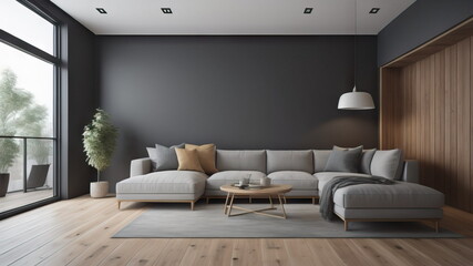 Interior design of living room with gray sofa over black stucco wall with wooden panelling