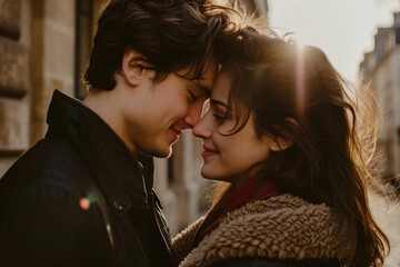 A loving couple in a warm embrace against the backdrop of iconic Parisian charm