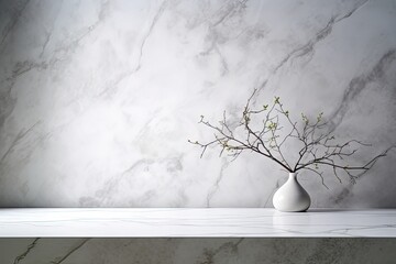 Suitable for showcasing products on a textured concrete wall backdrop a white marble table with a tree shadow