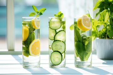 Zero waste concept Sassy water infused with lemon mint cucumber and ginger in glasses with metal tubes - obrazy, fototapety, plakaty