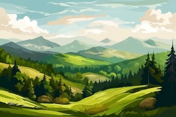 Scenic green landscape, pine trees, clouds, hills. Tranquil and peaceful nature art. Generative AI