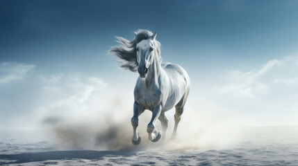 Grey Arabians horse run gallop in dust aganist blue sky. Fast and strong animal