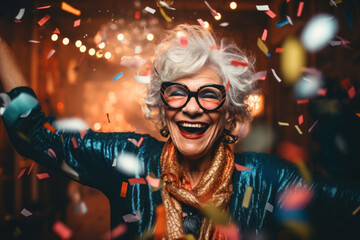 Happy seniorr lady in sunglasses having fun at Birthday party. Baloon and confetti