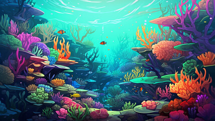 Fototapeta na wymiar Vector Illustration Underwater Coral Reef Exploration