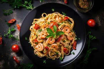 Top view of fettuccine pasta with shrimp tomatoes and herbs - obrazy, fototapety, plakaty