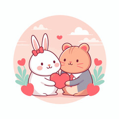 Cute animal couples in love. Valentines day loving animals with hearts