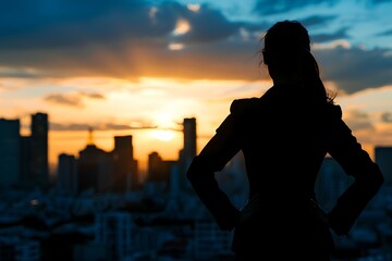 Fototapeta premium A contemplative silhouette of a businesswoman against a vibrant cityscape