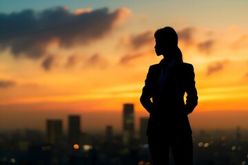 Fototapeta premium A contemplative silhouette of a businesswoman against a vibrant cityscape